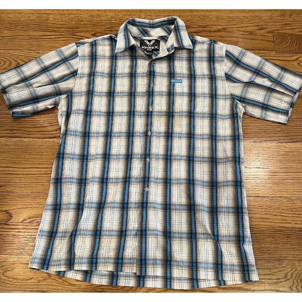 Avirex Mens Large Blue Plaid White Logo Button Up Casual Dress Shirt